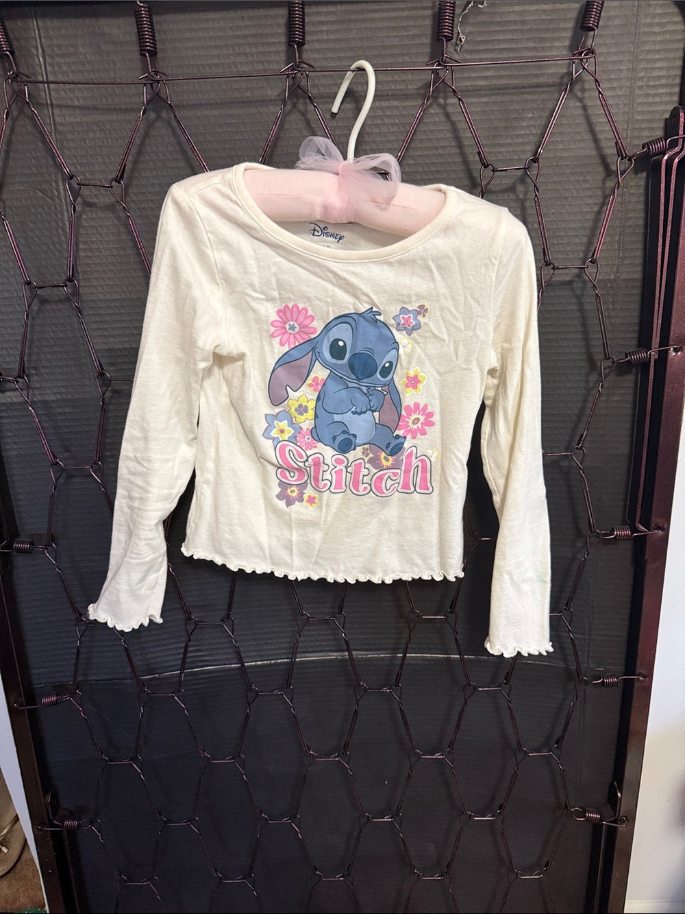 Disney Cream Long-Sleeve Stitch Graphic Tee with Pink & Blue Details